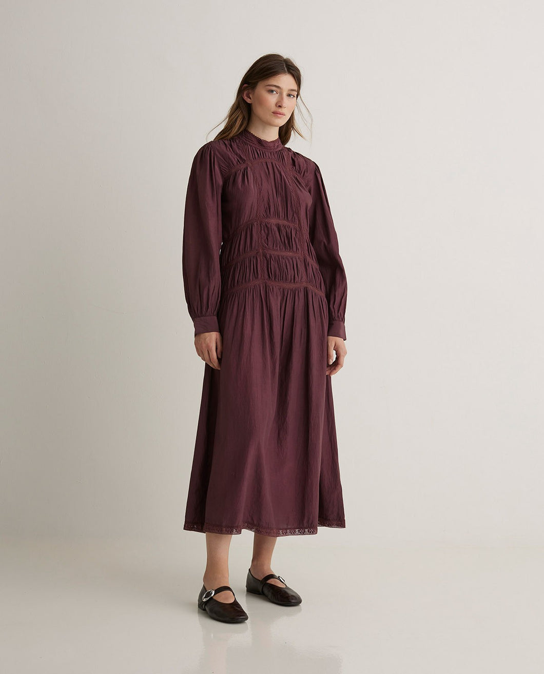 Aubergine high-neck cotton-blend midi dress