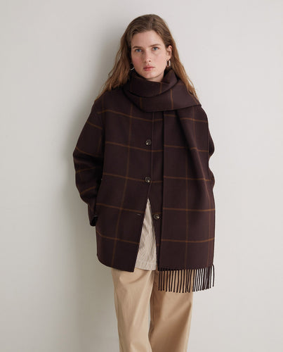 Handmade wool-blend coat with scarf brown