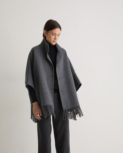 Handmade wool-blend fringed cape grey