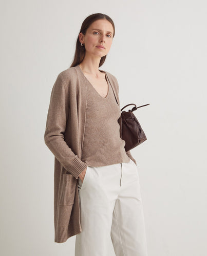 Brown cotton-blend long cardigan