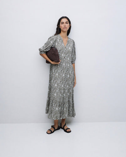 Khaki short-sleeve flowy dress