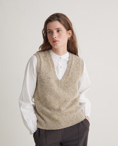 Beige merino-wool v-neck vest