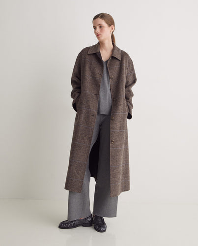 Handmade checked wool-blend long coat brown