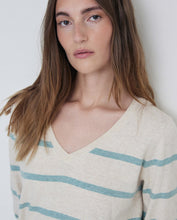 STRIPED V-NECK SWEATER WATER GREEN